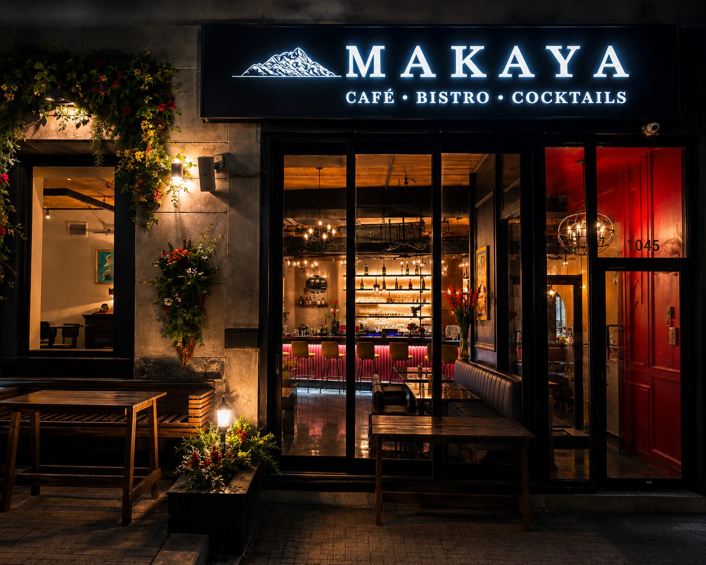 La devanture du bistro Makaya la nuit, enseigne lumineuse à la montagne, porte rouge, bar doré visible à travers les vitrines