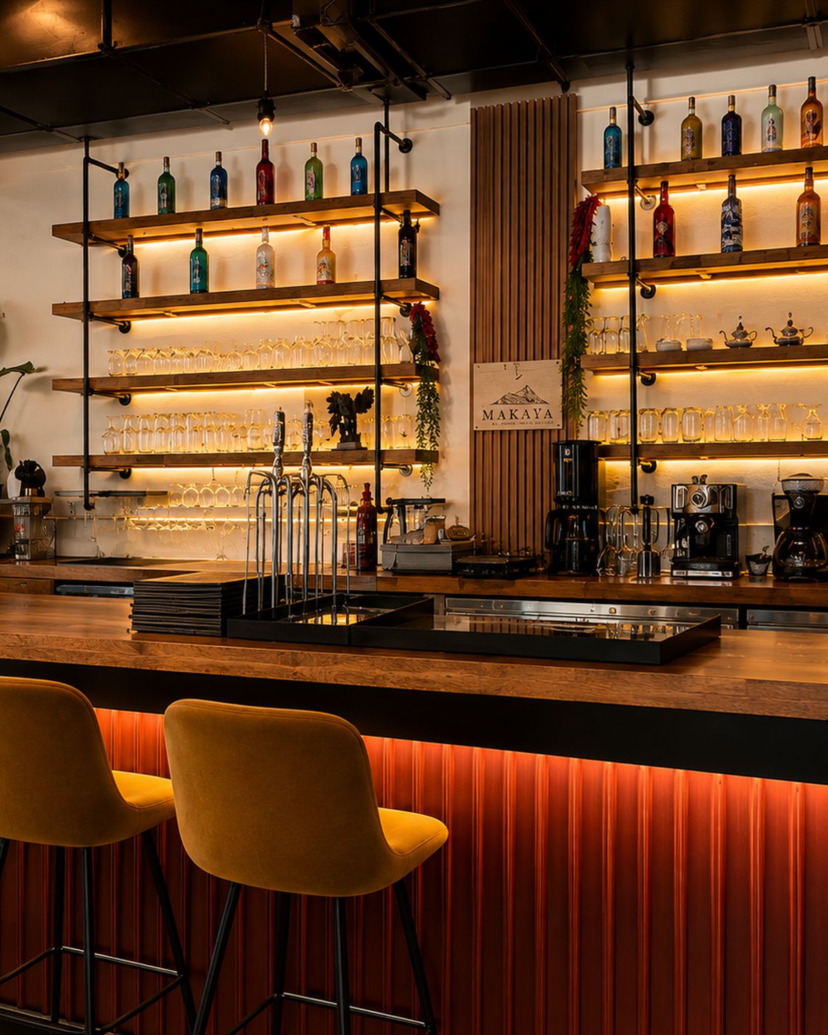 Le bar du bistro Makaya, comptoir de noyer, tabourets ocre, étagères dorées et enseigne à la montagne